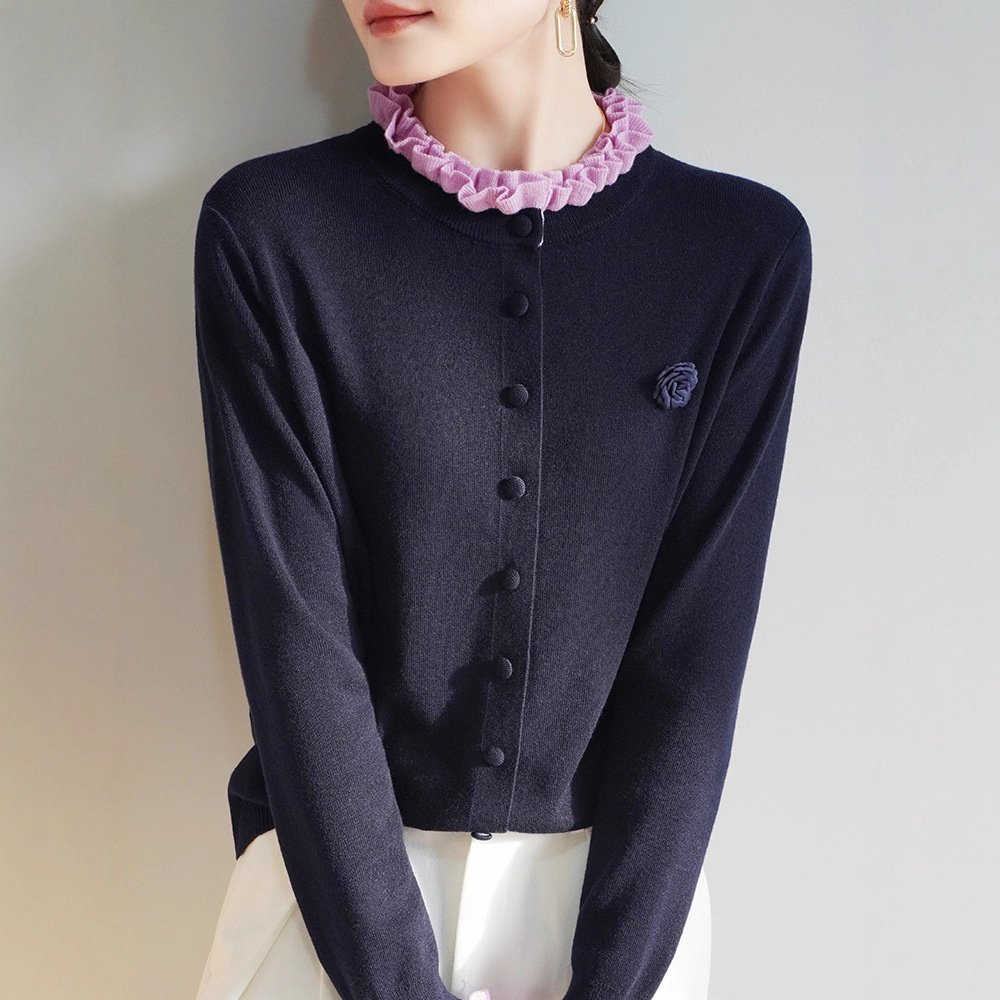 【复古别致】木耳边领针织开衫立体花设计感精纺羊毛女士高领毛衣,女装/女士精品,毛衣,淘宝优惠券,粉丝福利购,淘宝优惠卷