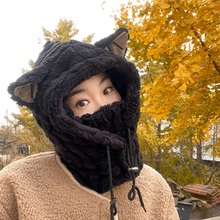 冬季新款毛绒帽子围脖口罩一体保暖护耳防风可爱狐狸耳朵冷帽面罩
