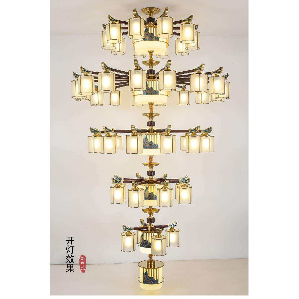 复式楼客厅大吊灯别墅全铜实木中国风挑空跃层新中式楼中楼梯长灯