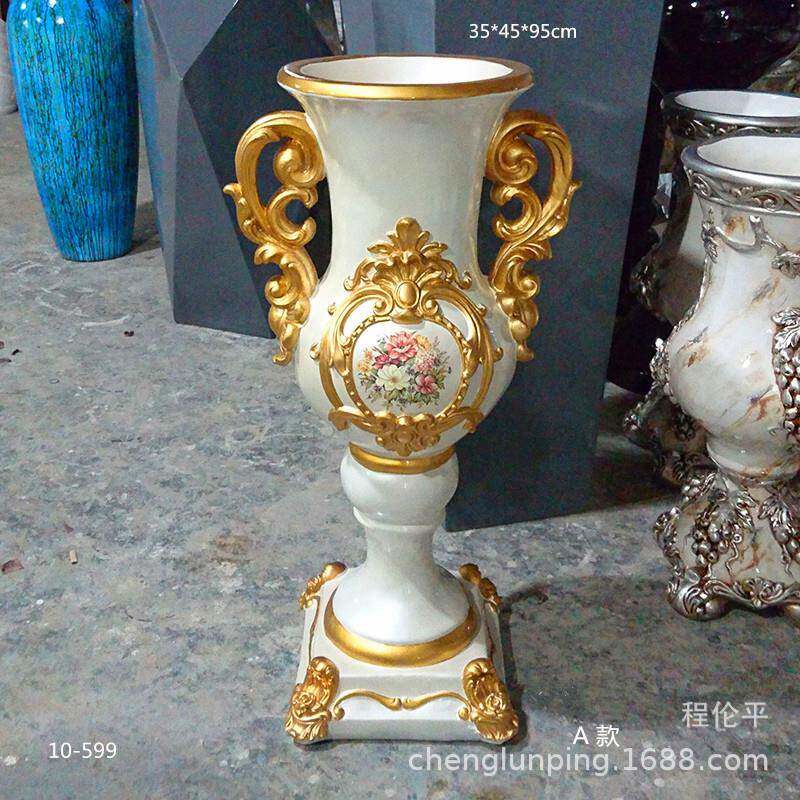 新古典中式正方底大口径落地玻璃钢花瓶花插干花酒店商场客厅摆件