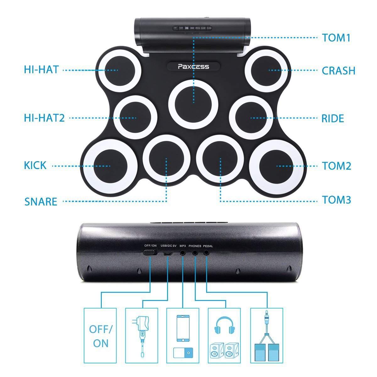9-Pad Foldable Electronic Drum Set 手卷电子鼓架子鼓乐器