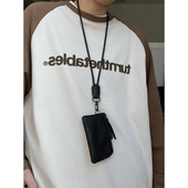 原创复古简约休闲牛皮质感炭黑色挂脖卡包迷你零钱包mini钥匙包