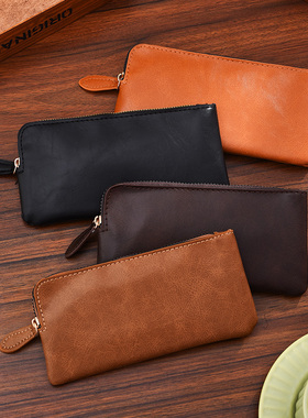 复古男士钱包长款疯马皮多功能手机包个性手包超薄青年拉链手拿包