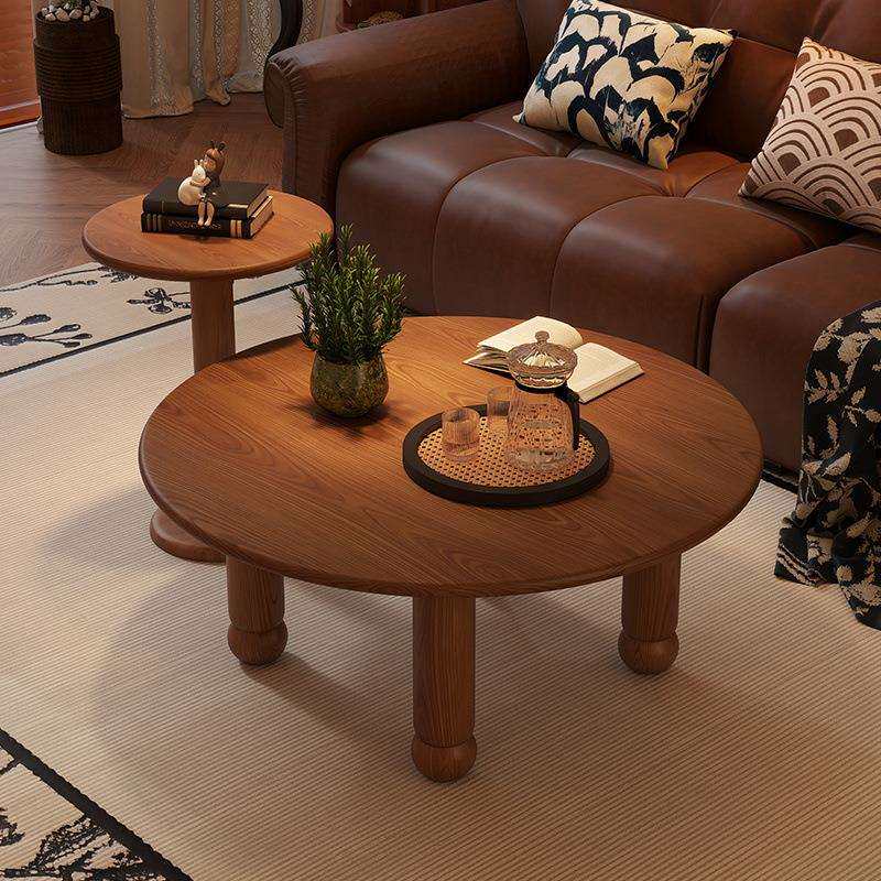 中古风实木圆形茶几简约实木轻奢现代客厅家用小茶几复古民宿茶桌