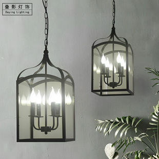 美式乡村复古怀旧玻璃框吊灯餐厅吧台咖啡馆民宿服装店蜡烛灯饰