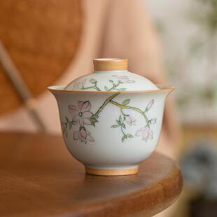 仿古青玉兰花盖碗手绘陶瓷茶具单泡茶碗家用小盖碗二才盖杯茶碗