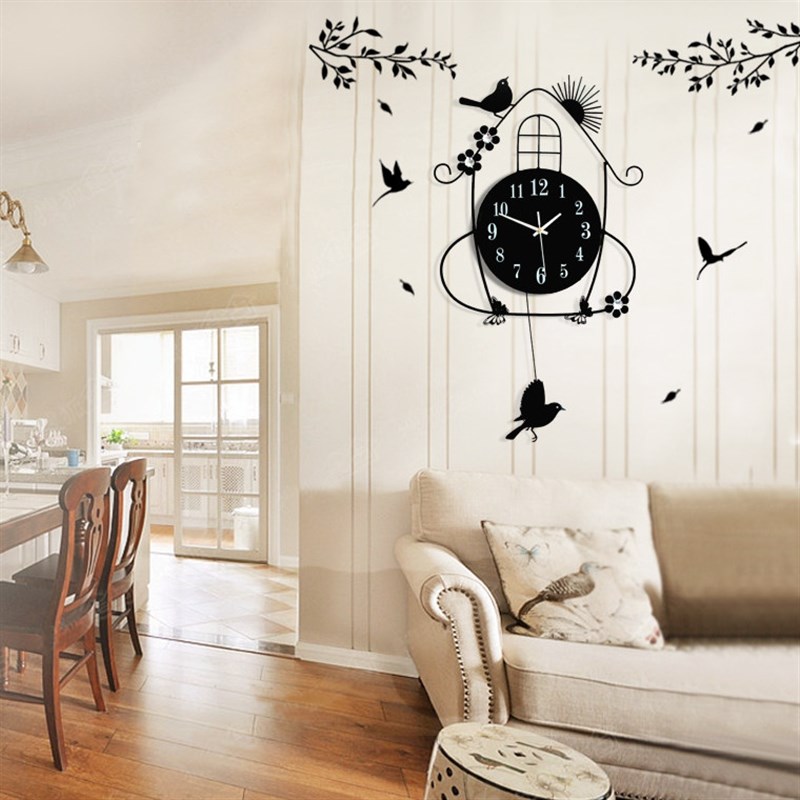 现代田园小鸟摇摆静音时钟挂表卧室夜光钟表挂钟客厅创意简约欧式