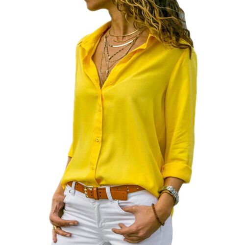 好货Women Yellow Chiffon Blouse Sexy Autumn Long Sleeve Butt