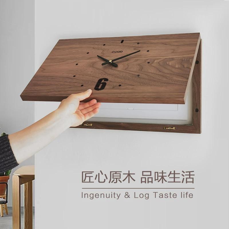 xyt黑胡桃胡桃木电表箱装饰画遮挡箱上I翻盖时钟遮电箱的挂钟简约