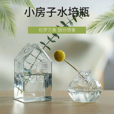 日式手作花器玻璃石榴摆件创意玻璃水培花瓶透明小房子迷你小花瓶