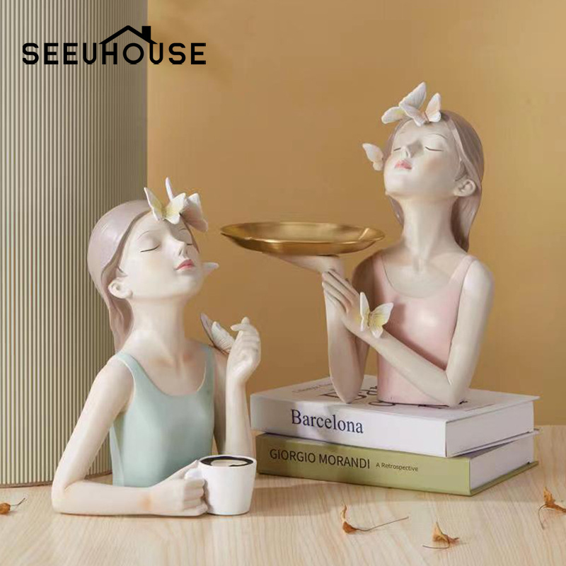 创意咖啡仰望蝴蝶女孩梳妆台玄关收纳门店展示托盘装饰品摆件