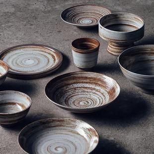 日式 复古泥手绘粗陶餐具侘寂风陶瓷餐盘碗碟杯子创意vintage餐具