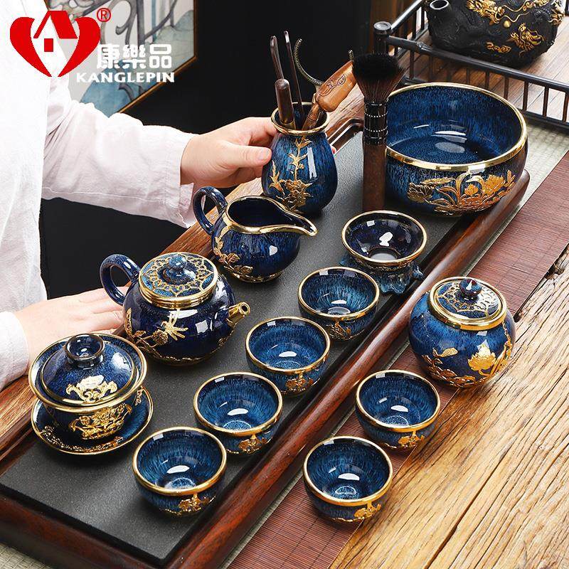 康乐品金镶玉建盏茶杯套装整套曜变茶壶家用景德镇瓷器客厅商务礼