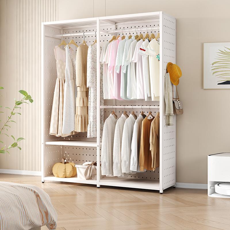 洞洞板简易衣柜家用卧室金属收纳衣帽架带防尘帘开放式组合置物架