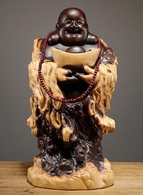 黑檀木雕弥勒佛像摆件实木元宝笑佛家居客厅装饰雕刻工艺品送礼品