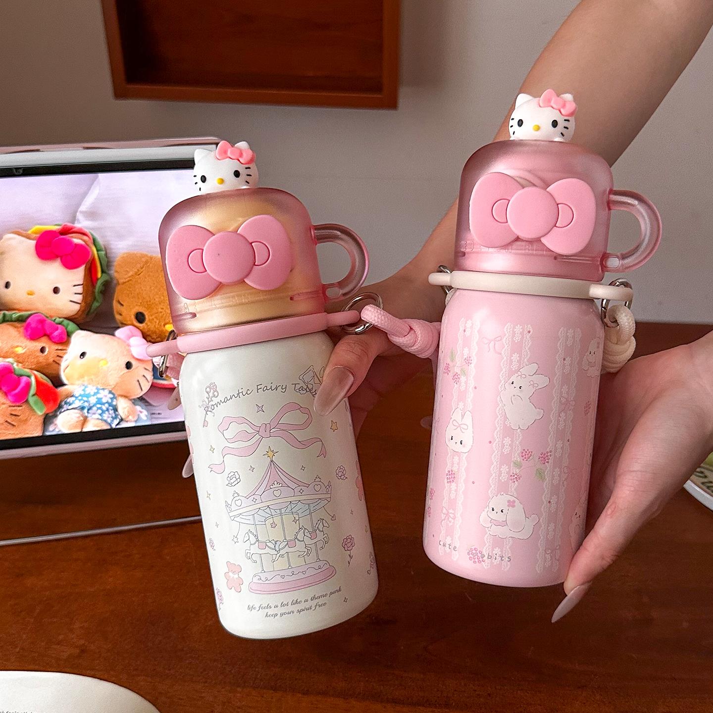 一盖三饮保温杯女生可爱KT猫吸管杯外出携带学生上学专用斜跨杯子