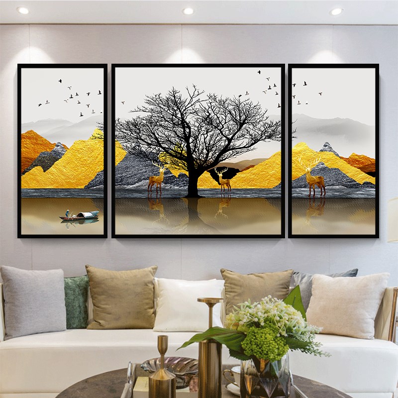 新中式客厅e装饰画靠山招财大气三联画沙发背景墙壁画麋鹿挂画墙图片