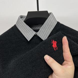 保罗假两件衬衫领毛衣男加绒加厚一体绒保暖上衣冬季雪尼尔打底衫
