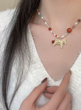 赤艳小马项链女手工串珠彩色幸运符毛衣链小众设计感高级感配饰女