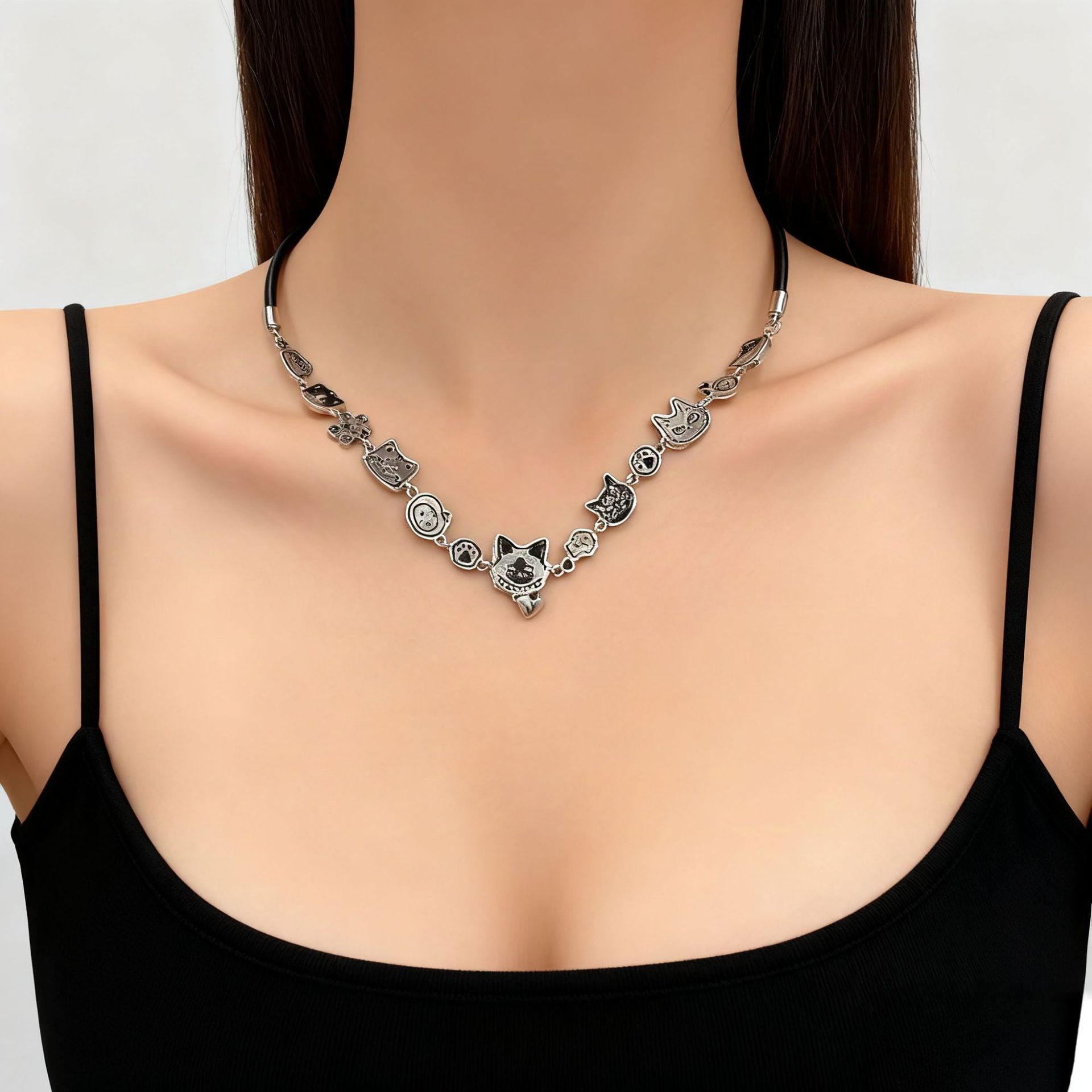 甜酷风复古涂鸦猫咪项链小众设计童趣可爱吊坠锁骨链高级时尚颈链