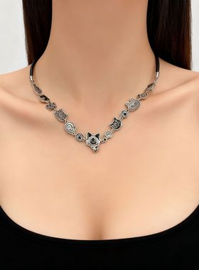 甜酷风复古涂鸦猫咪项链小众设计童趣可爱吊坠锁骨链高级时尚颈链