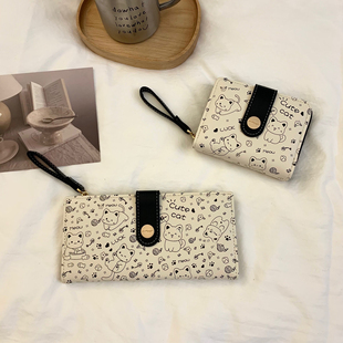 日系可爱猫咪卡通长款两折钱包多功能卡包大容量搭扣女零钱包钱夹