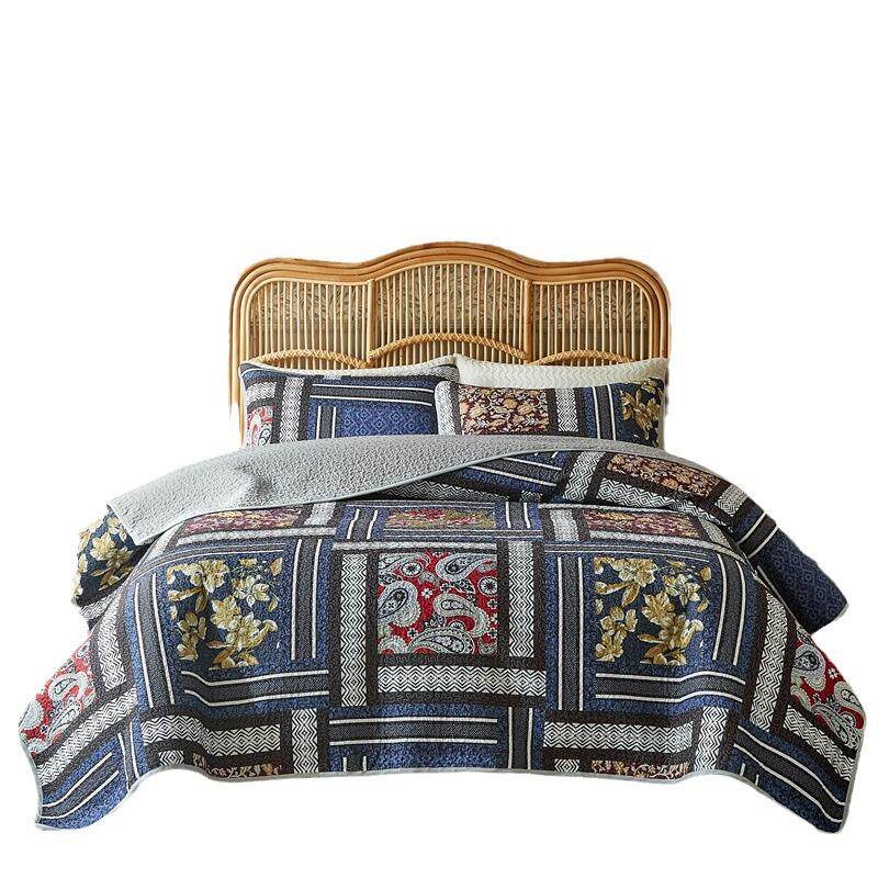 ebay双面水洗棉磨毛美式田园夹棉床盖三件套定制拼接床上用品