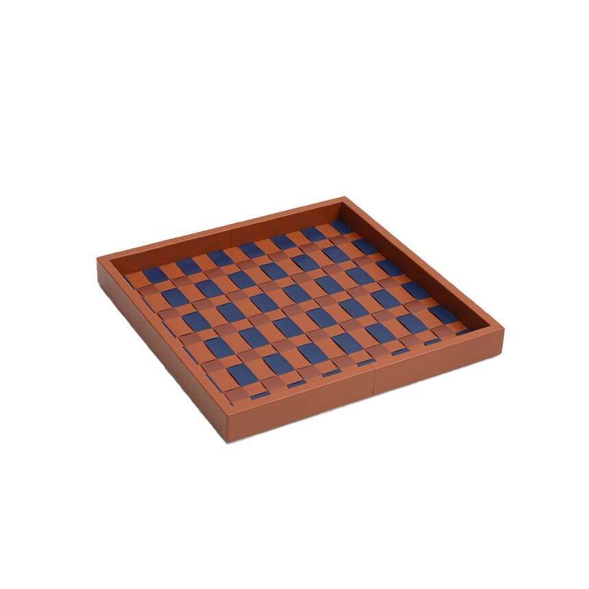 鸢尾蓝金棕编织棋盘格皮质托盘高级轻奢收纳盘家用桌面餐盘