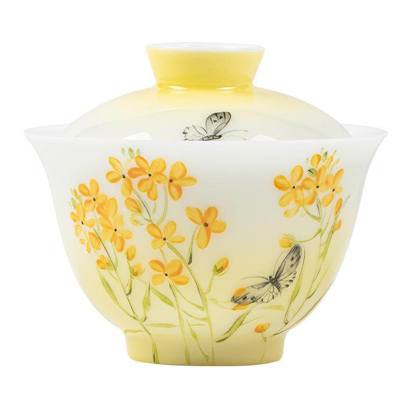 手绘蝶恋花渐变冰种玉瓷三才盖碗高档陶瓷泡茶碗女士茶杯精致茶具,餐饮具,盖碗,淘宝优惠券,粉丝福利购,淘宝优惠卷