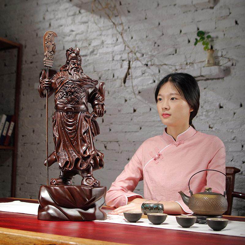 黑檀木雕关公摆件大号财神爷家居客厅公司装饰红木工艺品开业送礼