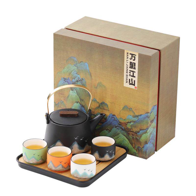 国潮手绘陶瓷提梁侧把壶功夫茶具套装一壶四杯带茶盘商务伴手礼品