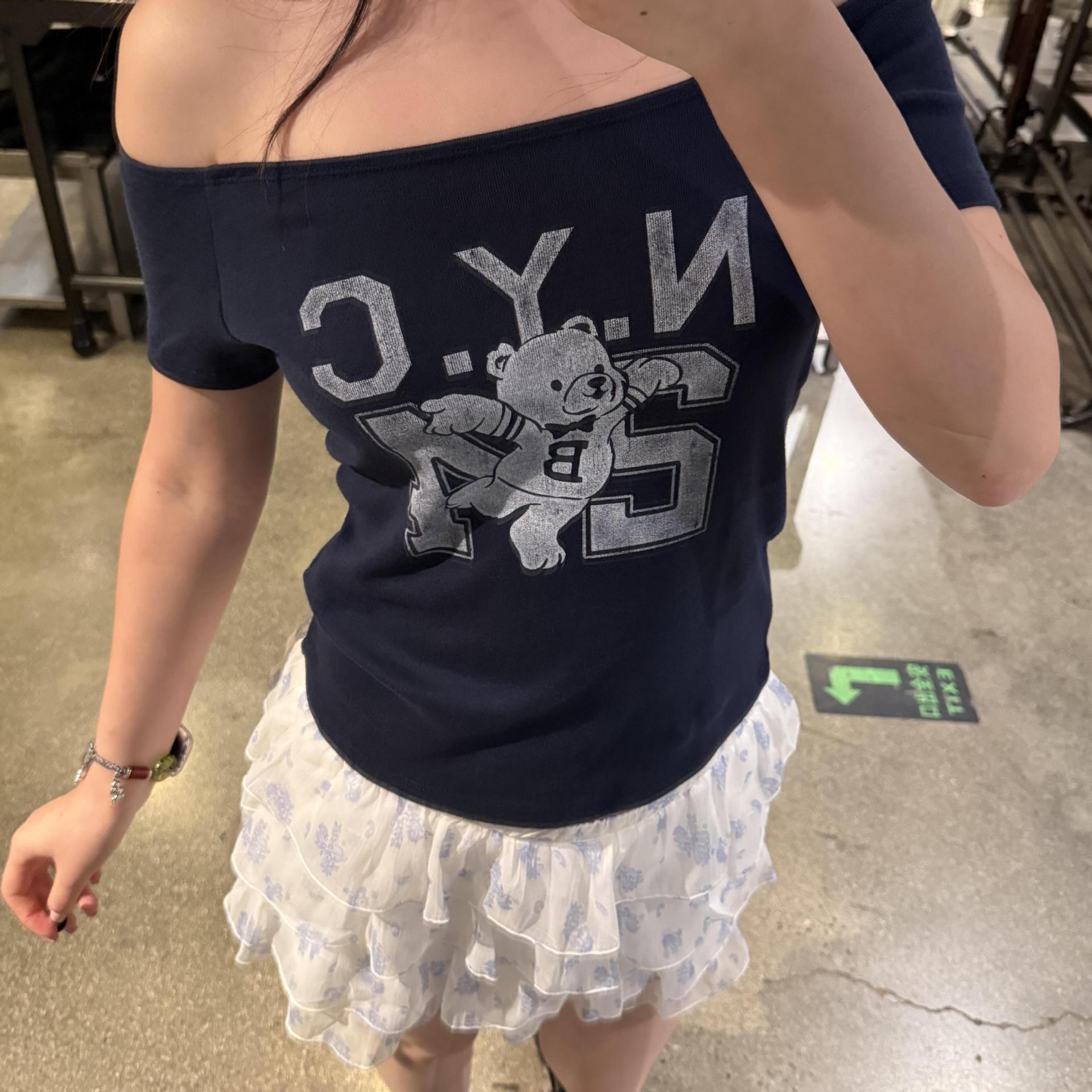 小海鸥Hollister2025夏季女装一字肩短袖T恤小熊修身显瘦露肩上衣