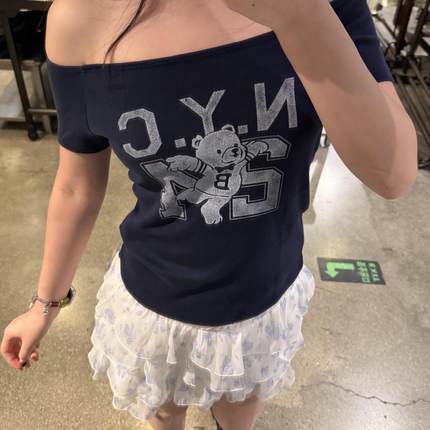 Hollister小海鸥女装一字肩短袖T恤小熊修身显瘦露肩休闲套头上衣