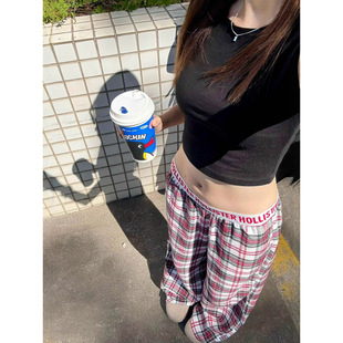 Hollister小海鸥美式复古风格子阔腿裤女宽松百搭垂感长裤休闲裤