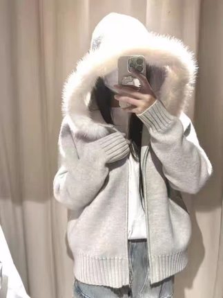 Hollister连帽毛领针织外套女装小海鸥秋冬季慵懒风拉链开衫上衣