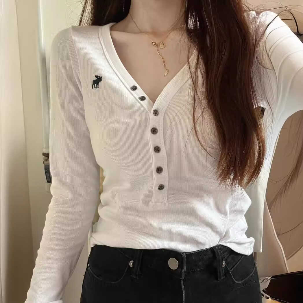 休闲百搭罗纹纯棉长袖打底衫V领