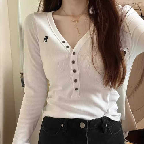 休闲百搭罗纹纯棉长袖打底衫V领