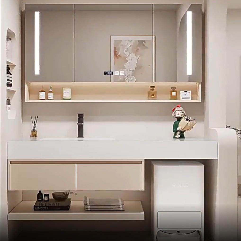 岩板陶瓷无缝一体盆浴室柜组合扫地机器人奶油风卫生间洗漱台