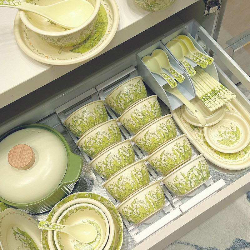 绿色铃兰花碗碟套装小清新ins风家用加厚防烫陶瓷饭碗盘子餐具