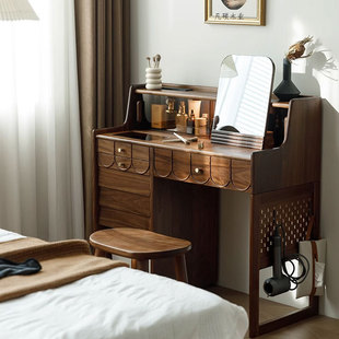 北欧简约实木化妆桌卧室多功能一体化妆台现代简约黑胡桃木梳妆台