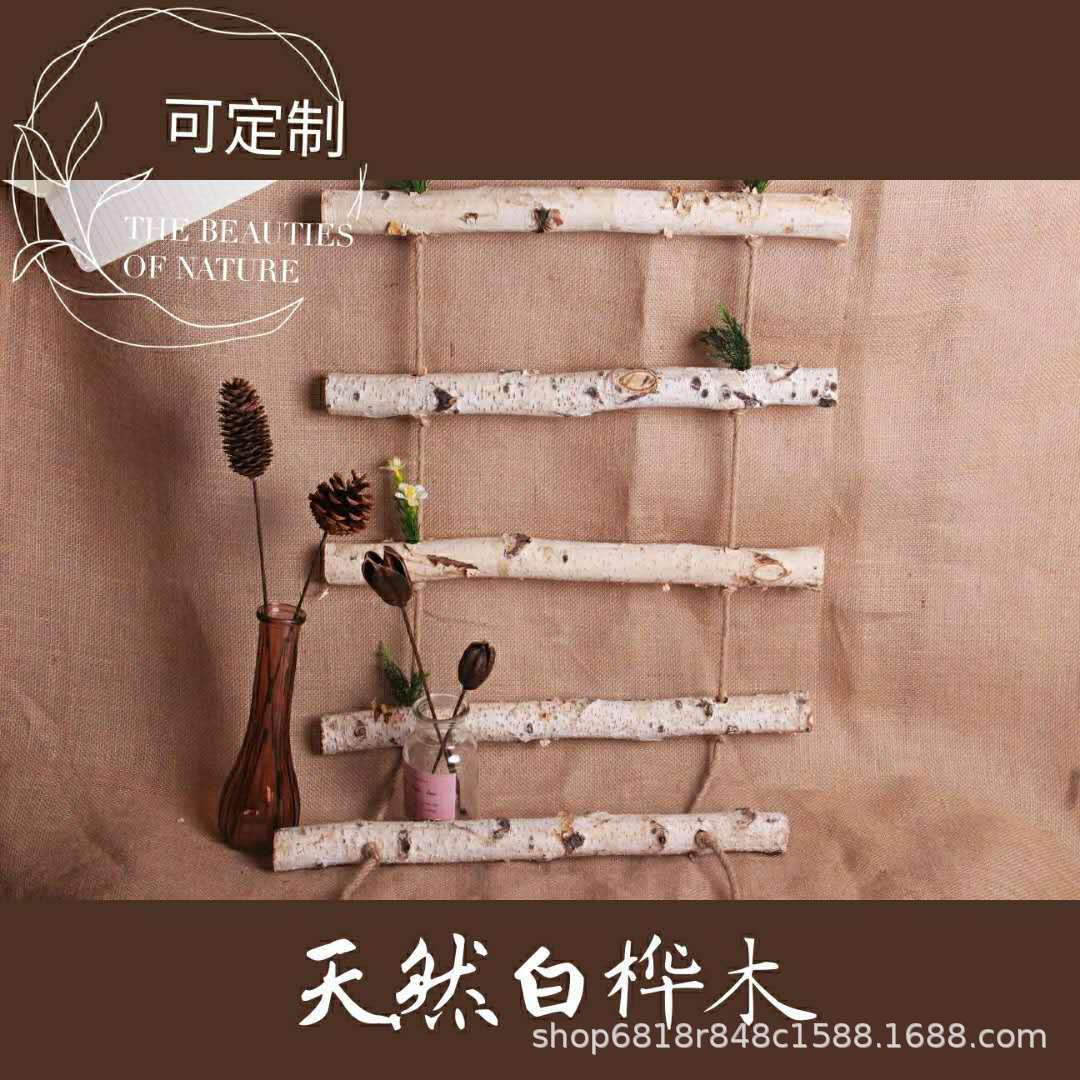 跨境田园美式复古白桦木装饰实木壁饰麻绳木梯摆件创意摄影橱窗