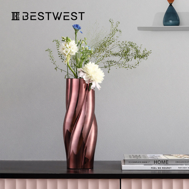 Best west 电镀铝深粉不规则扭曲玻璃花瓶创意家居客厅装饰插花器