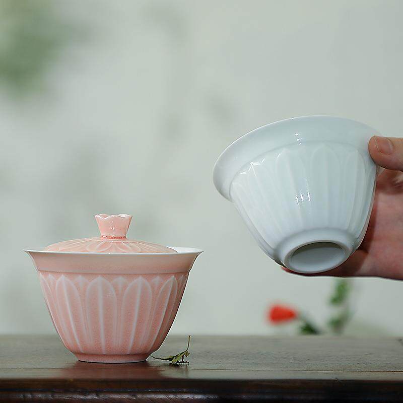 意叁湖田窑影青曼粉办公茶具莲瓣二才盖碗套组200ml茶杯影青瓷