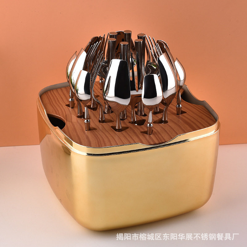 lucky box幸运方盒平头小蛮腰镜面不锈钢西餐具刀叉勺24Pcs套装