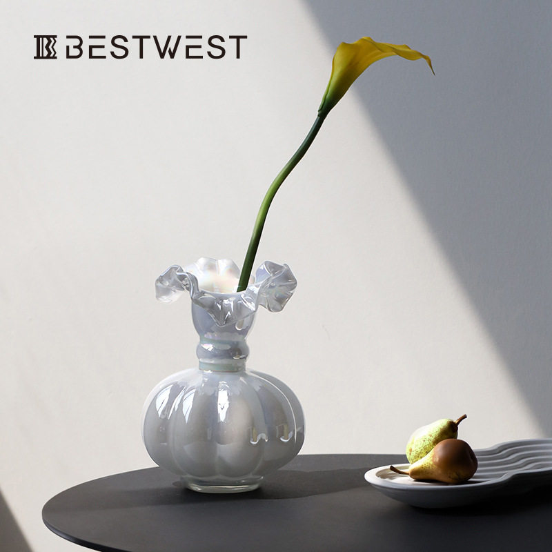 Bestwest珠光白芬顿法式荷边玻璃花瓶摆件高级家居客厅轻奢花器