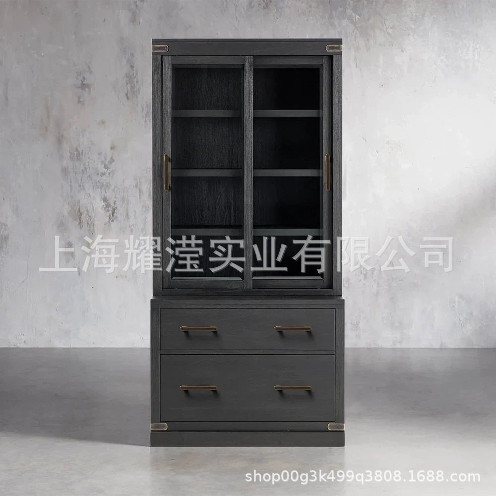 美式复古实木书柜带红橡木展示柜客厅储物收纳柜子家用落地置物架