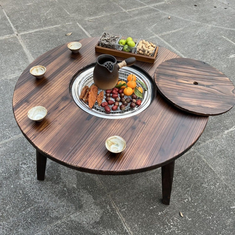 围炉煮茶圆桌酒店实木茶几阳台茶桌户外烧烤桌椅家用餐桌圆形饭桌
