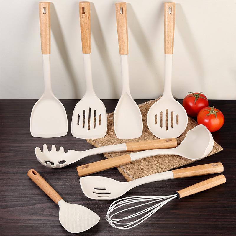 木柄硅胶厨具套装不粘锅硅