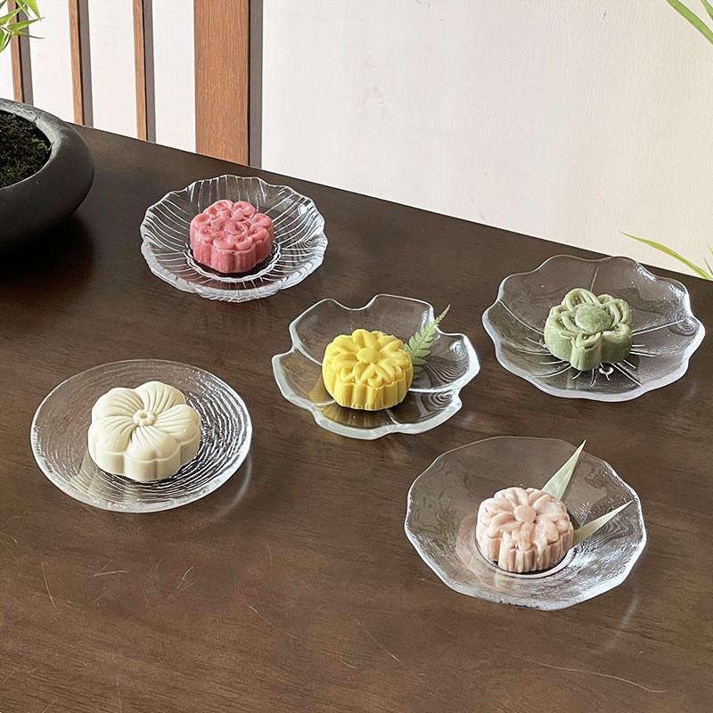 中式茶点盘莲花糕点盘玻璃下午茶点心盘精致托盘甜品碟杯垫碟子