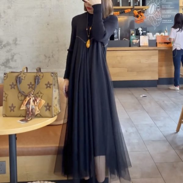 羊毛针织拼接网纱连衣裙女飘逸长款高腰显瘦秋冬新款单穿配大衣